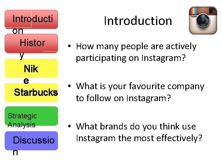 Introduction on Histor • How many people are actively y participating on Instagram? Nik