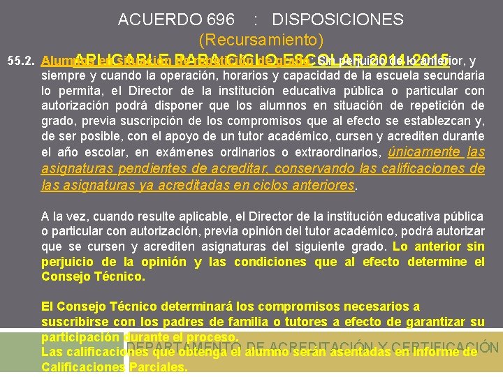55. 2. ACUERDO 696 : DISPOSICIONES (Recursamiento) Alumnos en situación de repetición de grado: