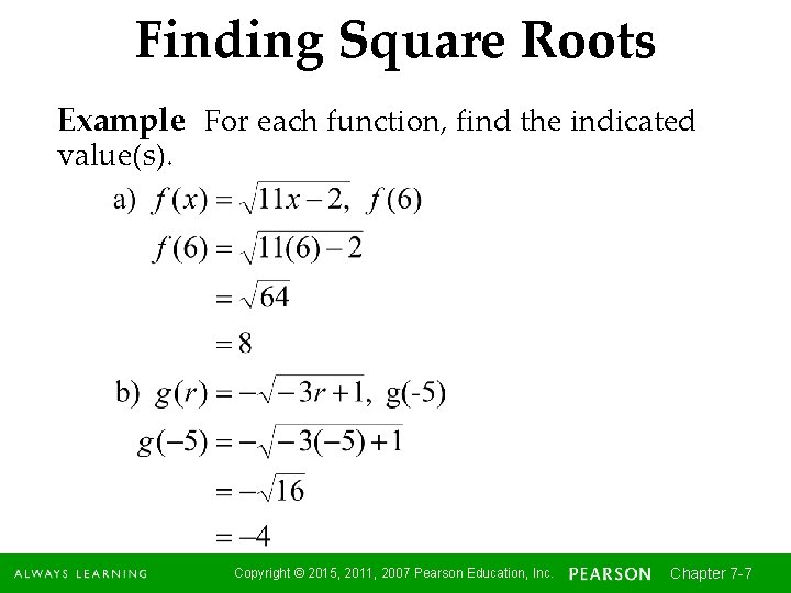 Finding Square Roots Example For each function, find the indicated value(s). Copyright © 2015,