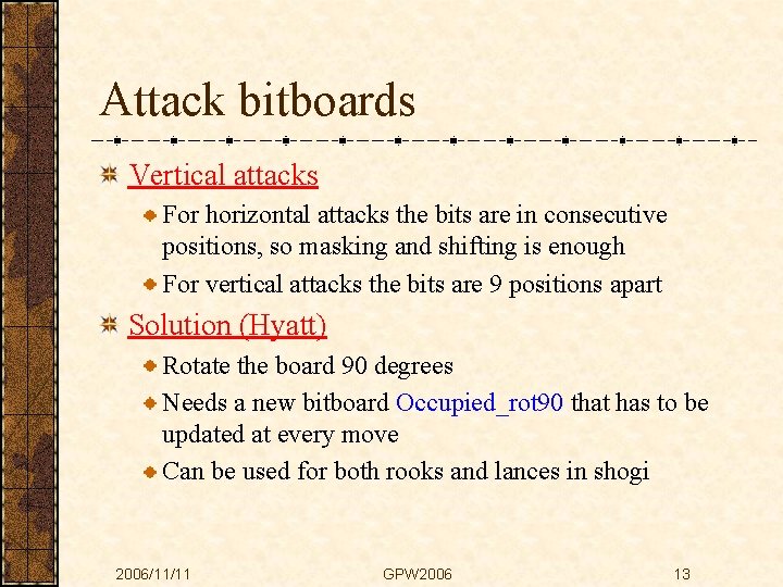 Attack bitboards Vertical attacks For horizontal attacks the bits are in consecutive positions, so
