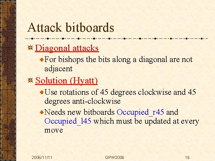 Attack bitboards Diagonal attacks For bishops the bits along a diagonal are not adjacent
