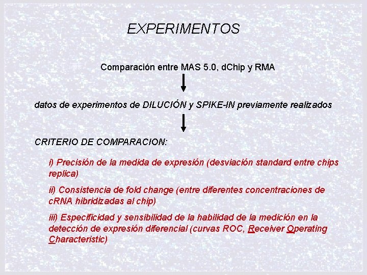 EXPERIMENTOS Comparación entre MAS 5. 0, d. Chip y RMA datos de experimentos de
