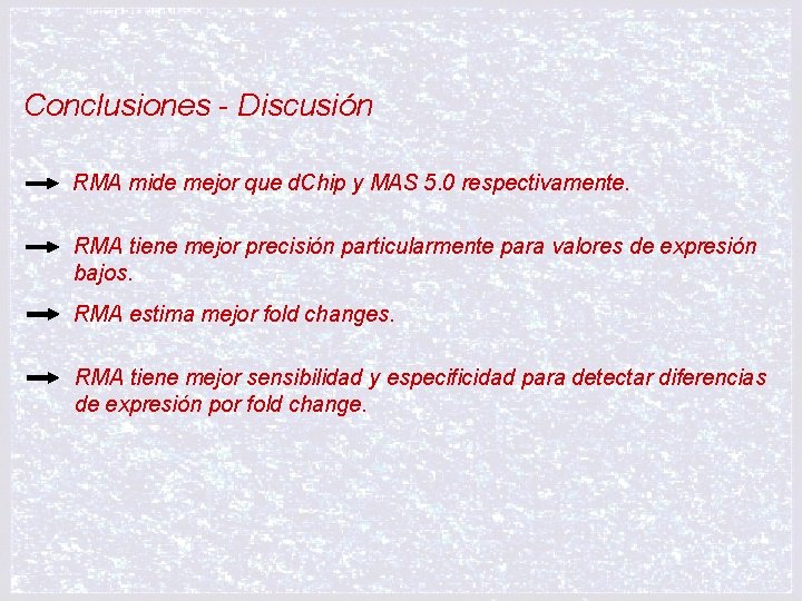 Conclusiones - Discusión RMA mide mejor que d. Chip y MAS 5. 0 respectivamente.