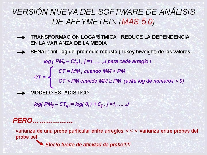 VERSIÓN NUEVA DEL SOFTWARE DE ANÁLISIS DE AFFYMETRIX (MAS 5. 0) TRANSFORMACIÓN LOGARÍTMICA :