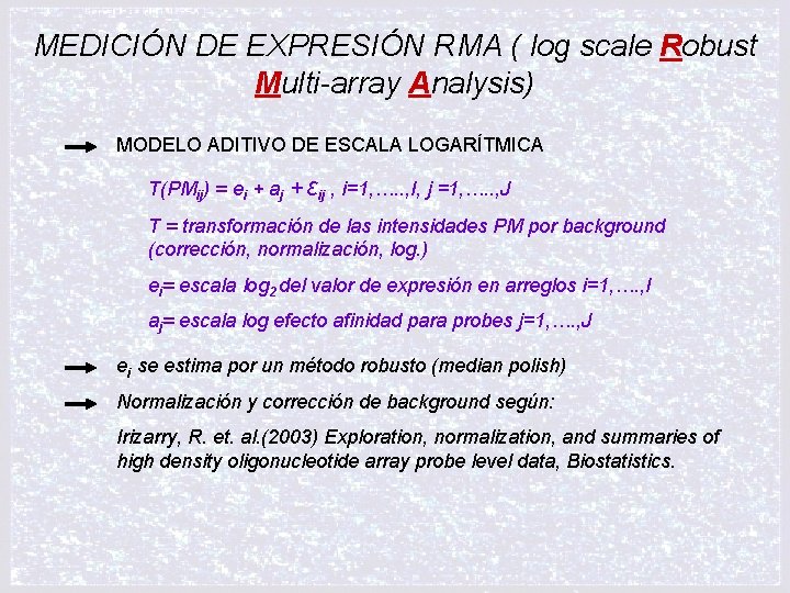MEDICIÓN DE EXPRESIÓN RMA ( log scale Robust Multi-array Analysis) MODELO ADITIVO DE ESCALA