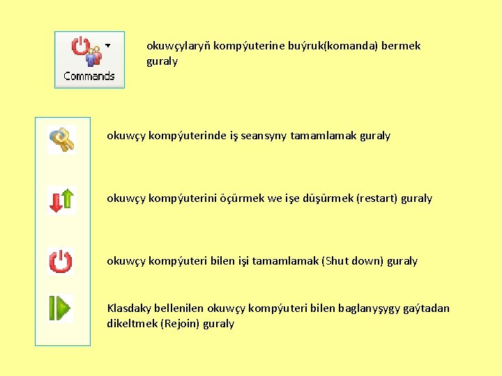 okuwçylaryň kompýuterine buýruk(komanda) bermek guraly okuwçy kompýuterinde iş seansyny tamamlamak guraly okuwçy kompýuterini öçürmek