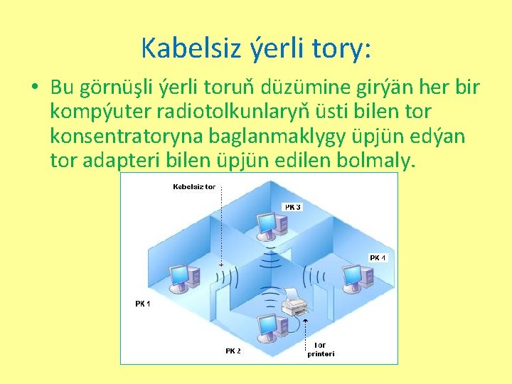 Kabelsiz ýerli tory: • Bu görnüşli ýerli toruň düzümine girýän her bir kompýuter radiotolkunlaryň