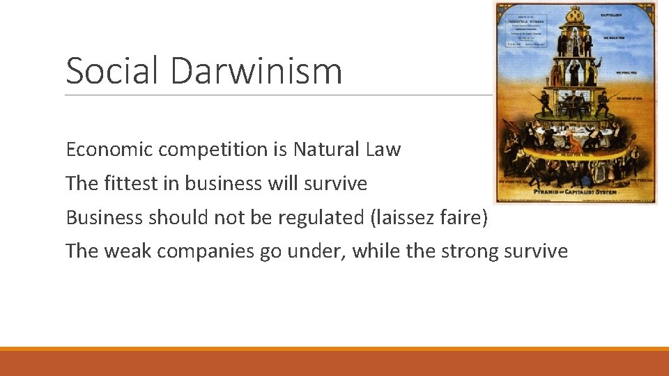 Social Darwinism Economic competition is Natural Law The fittest in business will survive Business