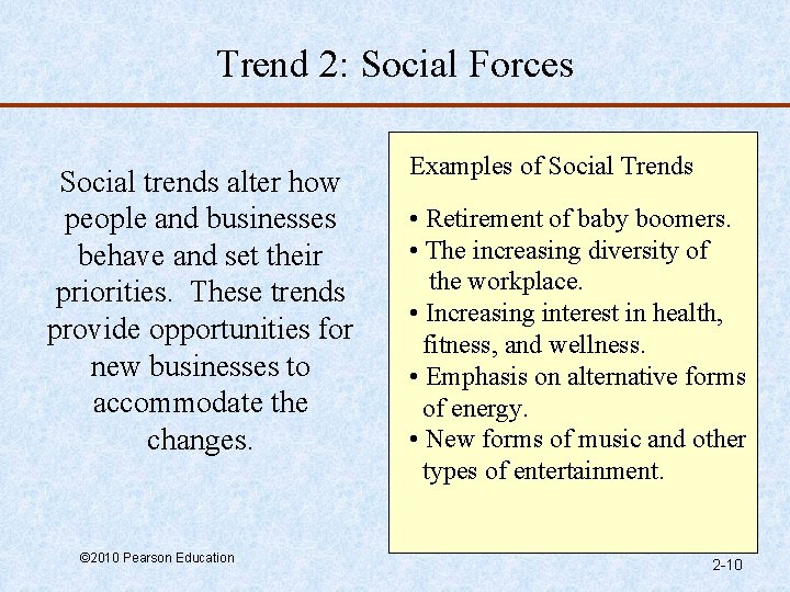 Trend 2: Social Forces Social trends alter how people and businesses behave and set