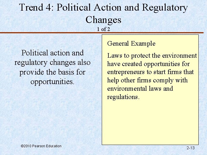 Trend 4: Political Action and Regulatory Changes 1 of 2 General Example Political action