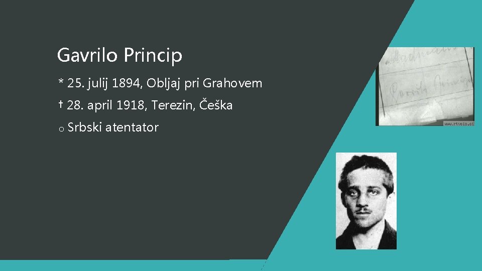 Gavrilo Princip * 25. julij 1894, Obljaj pri Grahovem † 28. april 1918, Terezin,