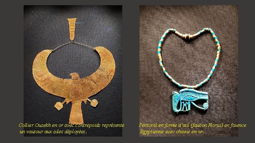 Collier Ousekh en or avec contrepoids représente un vautour aux ailes déployées. Pectoral en