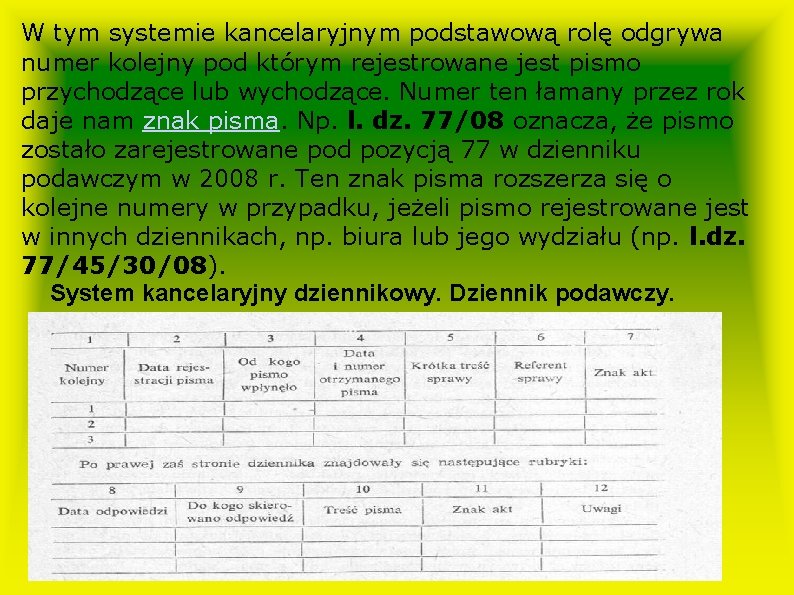 W tym systemie kancelaryjnym podstawową rolę odgrywa numer kolejny pod którym rejestrowane jest pismo