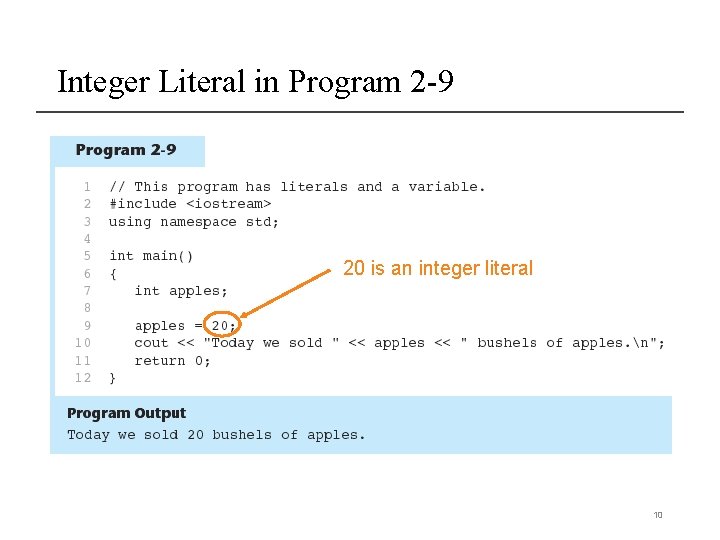 Integer Literal in Program 2 -9 20 is an integer literal 10 Integer Literal in Program 2 -9 20 is an integer literal 10