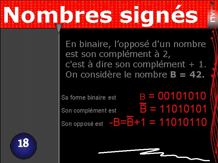 Nombres signés En binaire, l’opposé d'un nombre est son complément à 2, c'est à