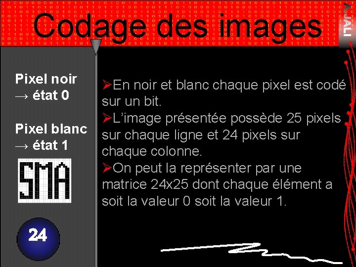 Codage des images Pixel noir → état 0 Pixel blanc → état 1 24