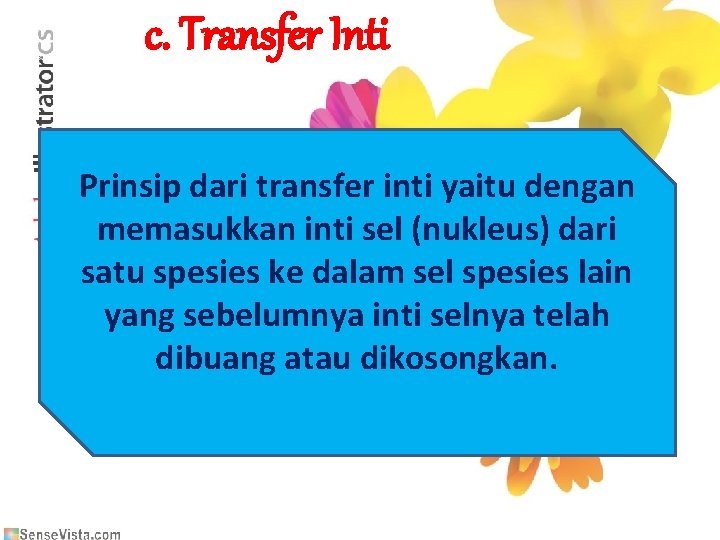 c. Transfer Inti Prinsip dari transfer inti yaitu dengan memasukkan inti sel (nukleus) dari