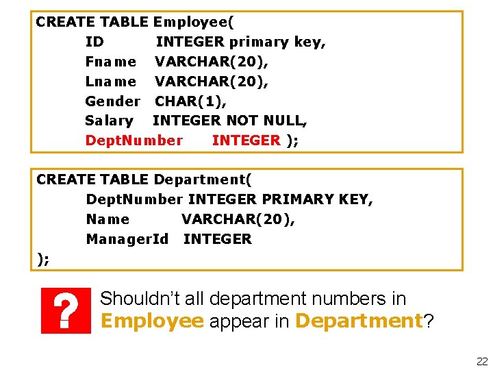 CREATE TABLE Employee( ID INTEGER primary key, Fname VARCHAR(20), Lname VARCHAR(20), Gender CHAR(1), Salary