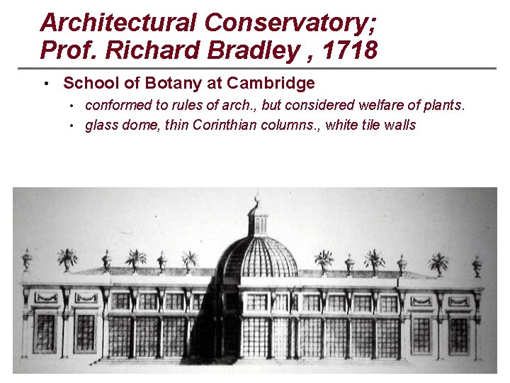 Architectural Conservatory; Prof. Richard Bradley , 1718 • School of Botany at Cambridge •