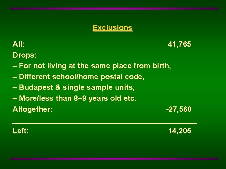 Exclusions All: 41, 765 Drops: – For not living at the same place from