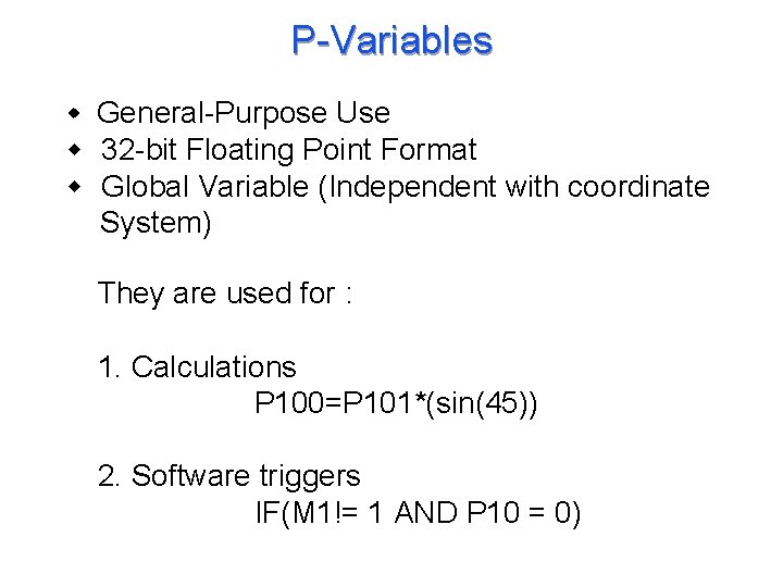 P-Variables w General-Purpose Use w 32 -bit Floating Point Format w Global Variable (Independent