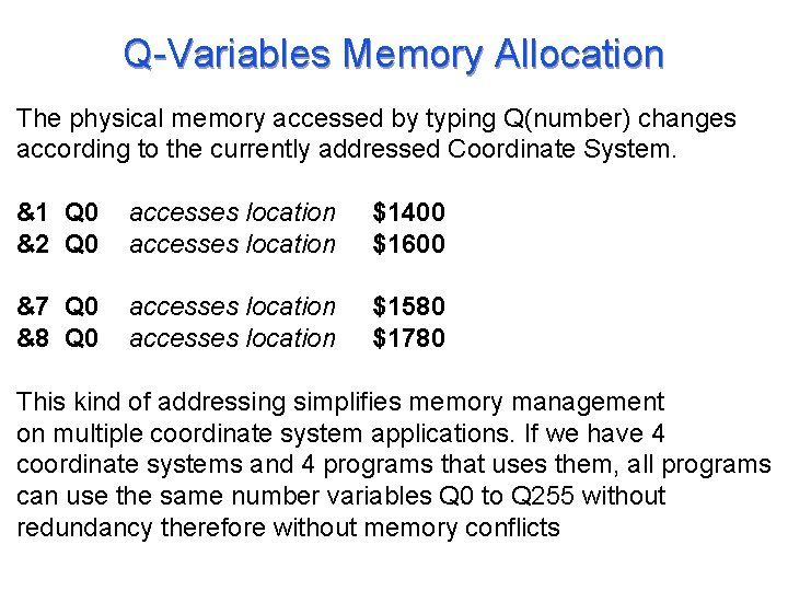 Q-Variables Memory Allocation The physical memory accessed by typing Q(number) changes according to the