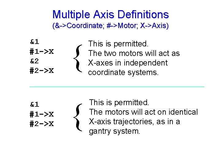 Multiple Axis Definitions (&->Coordinate; #->Motor; X->Axis) &1 #1 ->X &2 #2 ->X { This