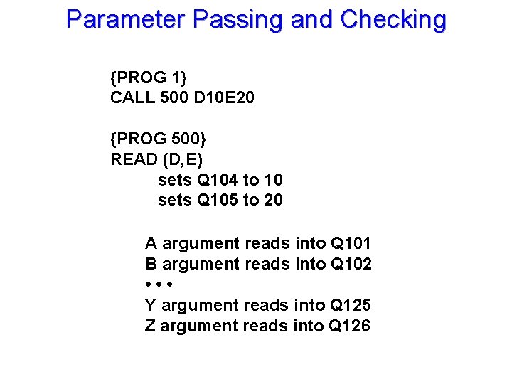 Parameter Passing and Checking {PROG 1} CALL 500 D 10 E 20 {PROG 500}