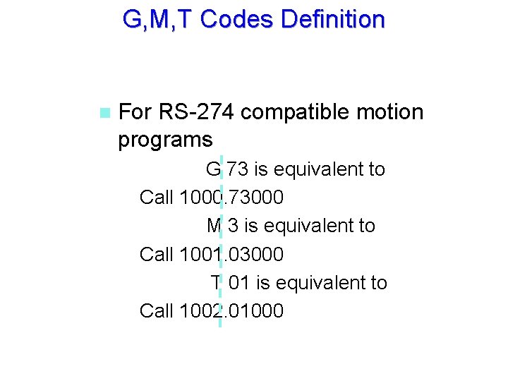 G, M, T Codes Definition n For RS-274 compatible motion programs G 73 is