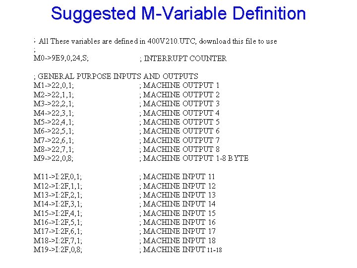Suggested M-Variable Definition ; All These variables are defined in 400 V 210. UTC,