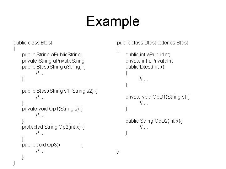 Example public class Btest { public String a. Public. String; private String a. Private.