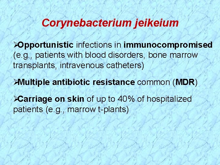 Corynebacterium jeikeium Opportunistic infections in immunocompromised (e. g. , patients with blood disorders, bone