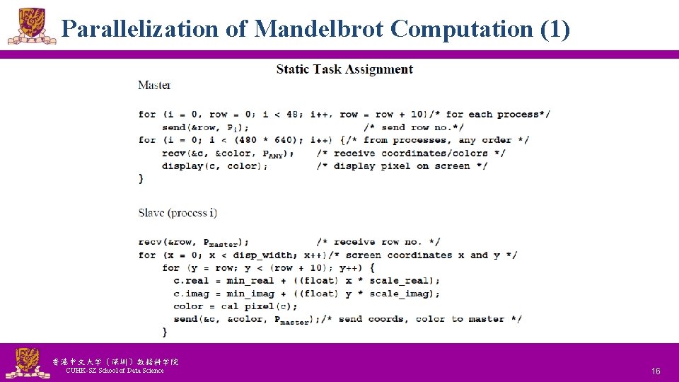 Parallelization of Mandelbrot Computation (1) 香港中文大学（深圳）数据科学院 CUHK-SZ School of Data Science National Tsing Hua