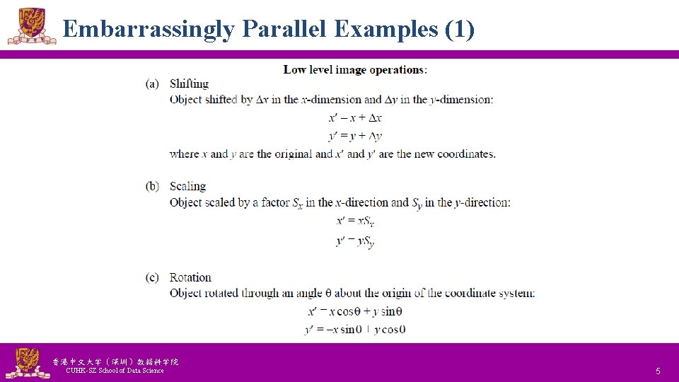 Embarrassingly Parallel Examples (1) 香港中文大学（深圳）数据科学院 CUHK-SZ School of Data Science National Tsing Hua University