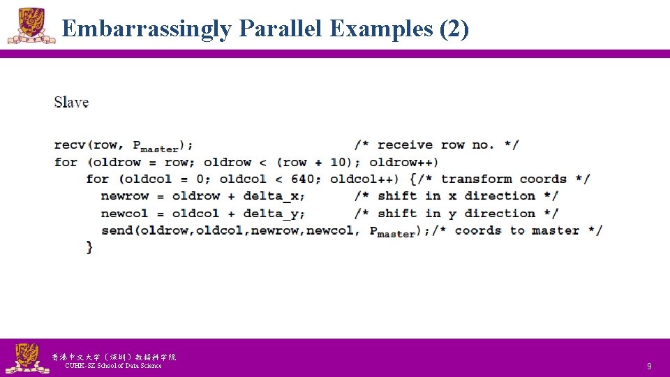 Embarrassingly Parallel Examples (2) 香港中文大学（深圳）数据科学院 CUHK-SZ School of Data Science National Tsing Hua University