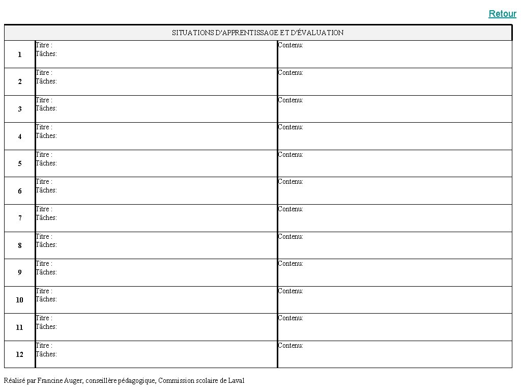 Retour SITUATIONS D'APPRENTISSAGE ET D'ÉVALUATION Contenu: 1 Titre : Tâches: Contenu: 2 Titre :
