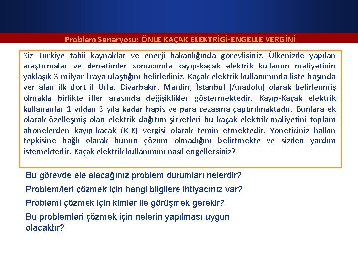Problem Senaryosu: ÖNLE KAÇAK ELEKTRİĞİ-ENGELLE VERGİNİ Siz Türkiye tabii kaynaklar ve enerji bakanlığında görevlisiniz.