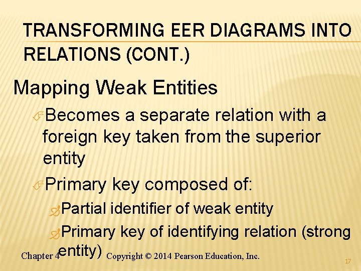 TRANSFORMING EER DIAGRAMS INTO RELATIONS (CONT. ) Mapping Weak Entities Becomes a separate relation