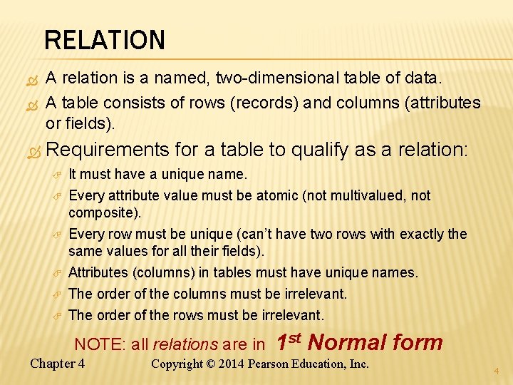 RELATION A relation is a named, two-dimensional table of data. A table consists of
