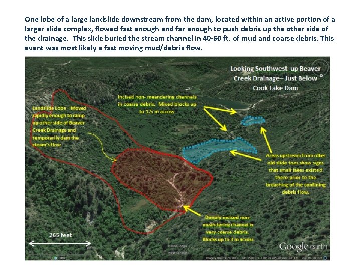 One lobe of a large landslide downstream from the dam, located within an active