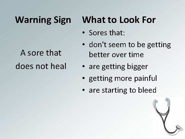  Warning Sign A sore that does not heal What to Look For •