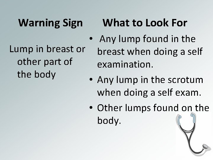 Warning Sign What to Look For • Any lump found in the Lump