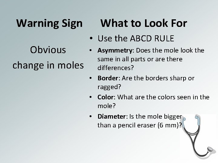  Warning Sign What to Look For • Use the ABCD RULE • Obvious