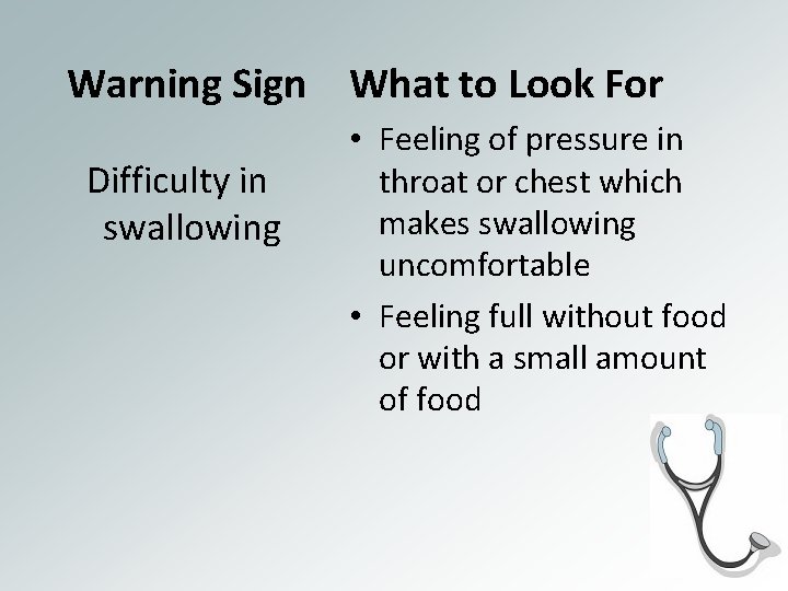  Warning Sign What to Look For Difficulty in swallowing • Feeling of pressure