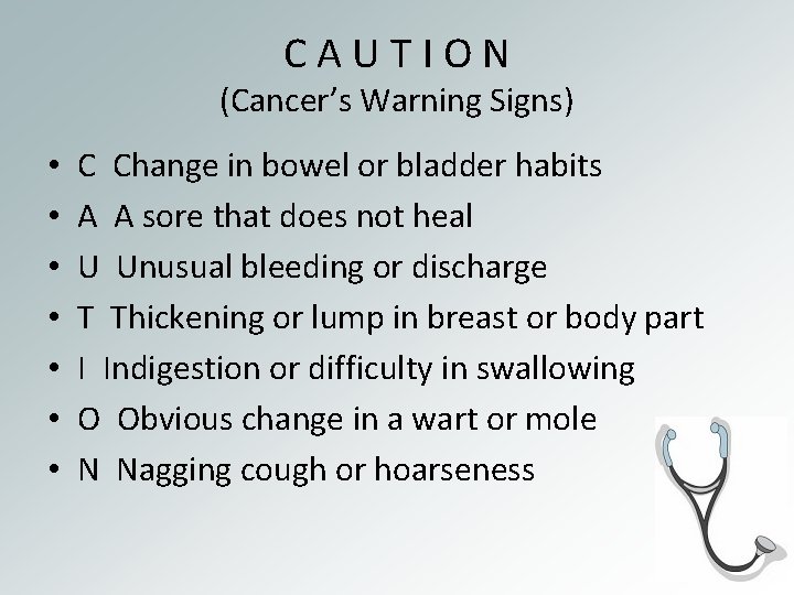 C A U T I O N (Cancer’s Warning Signs) • • C Change