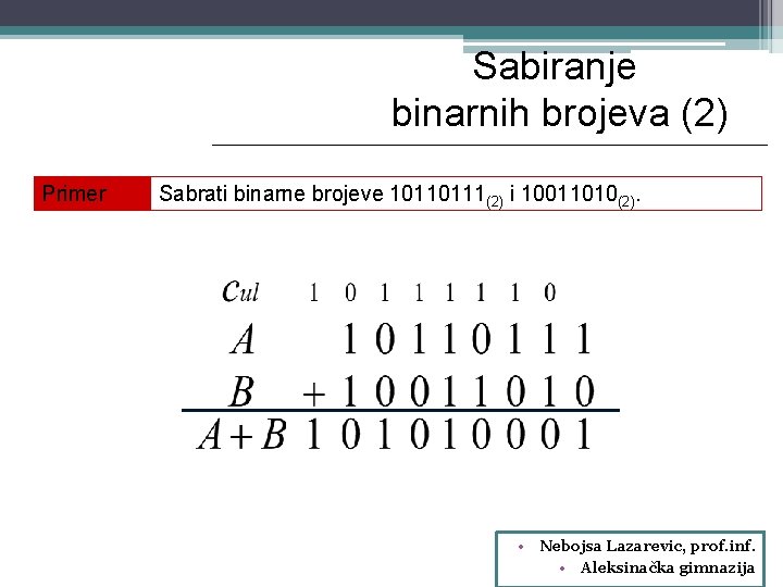 Sabiranje binarnih brojeva (2) Primer Sabrati binarne brojeve 10110111(2) i 10011010(2). • Nebojsa Lazarevic,