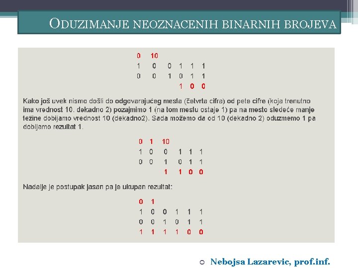 ODUZIMANJE NEOZNACENIH BINARNIH BROJEVA Nebojsa Lazarevic, prof. inf. 