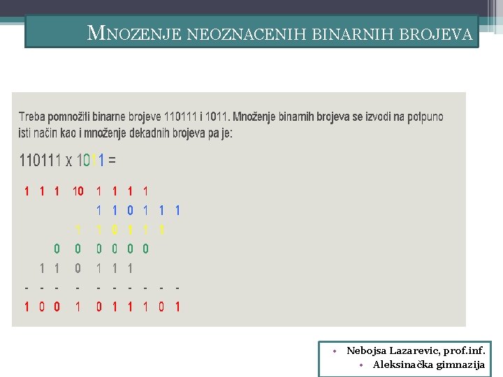 MNOZENJE NEOZNACENIH BINARNIH BROJEVA • Nebojsa Lazarevic, prof. inf. • Aleksinačka gimnazija 