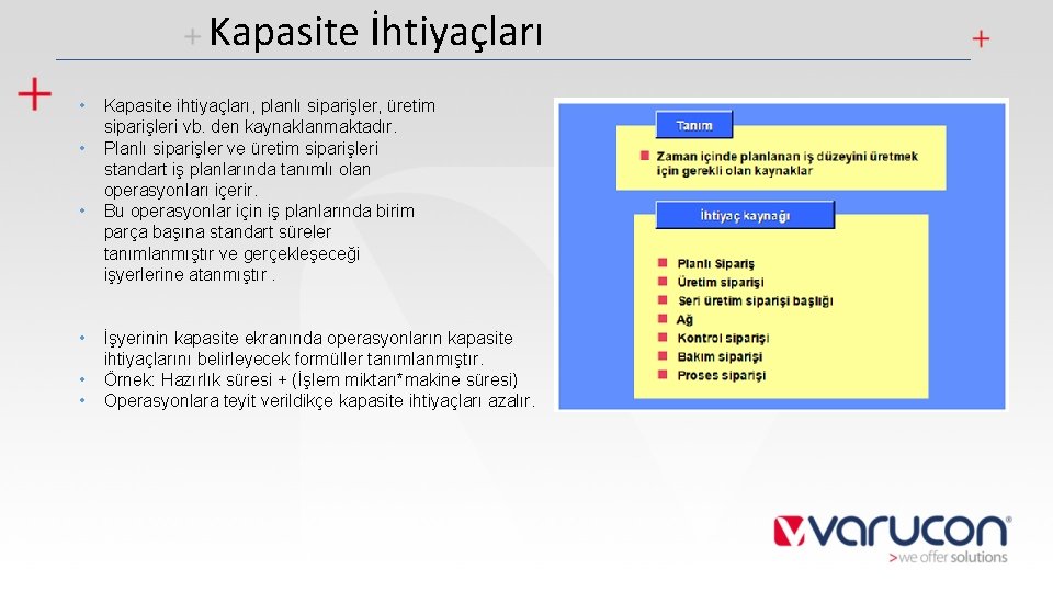 Kapasite İhtiyaçları • • • Kapasite ihtiyaçları, planlı siparişler, üretim siparişleri vb. den kaynaklanmaktadır.