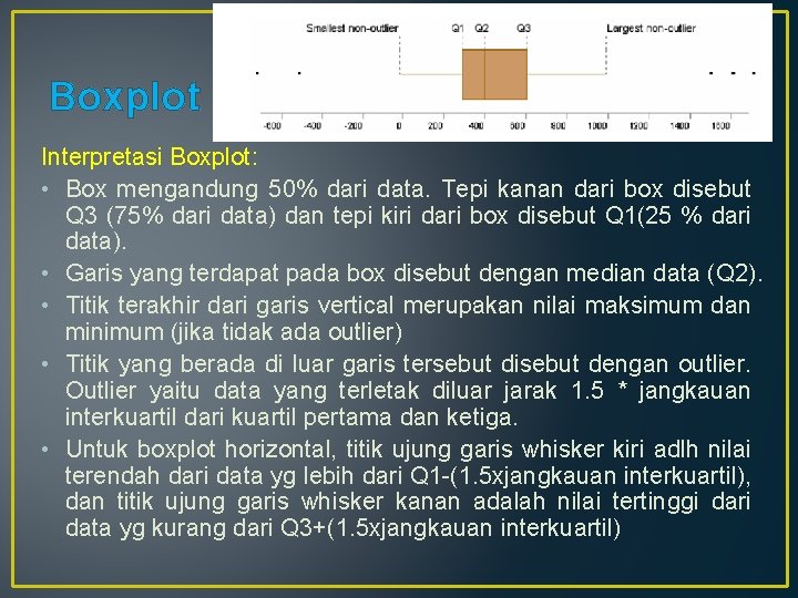 Boxplot Interpretasi Boxplot: • Box mengandung 50% dari data. Tepi kanan dari box disebut